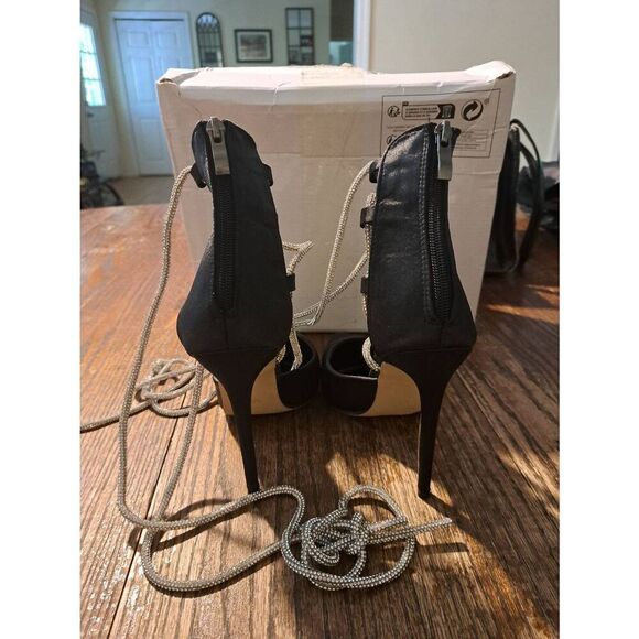 Black Rhinestone Lace-Up Stiletto Heels Rear Zip Satin Look Size 39 Sz 8–8.5 - Picture 5 of 7